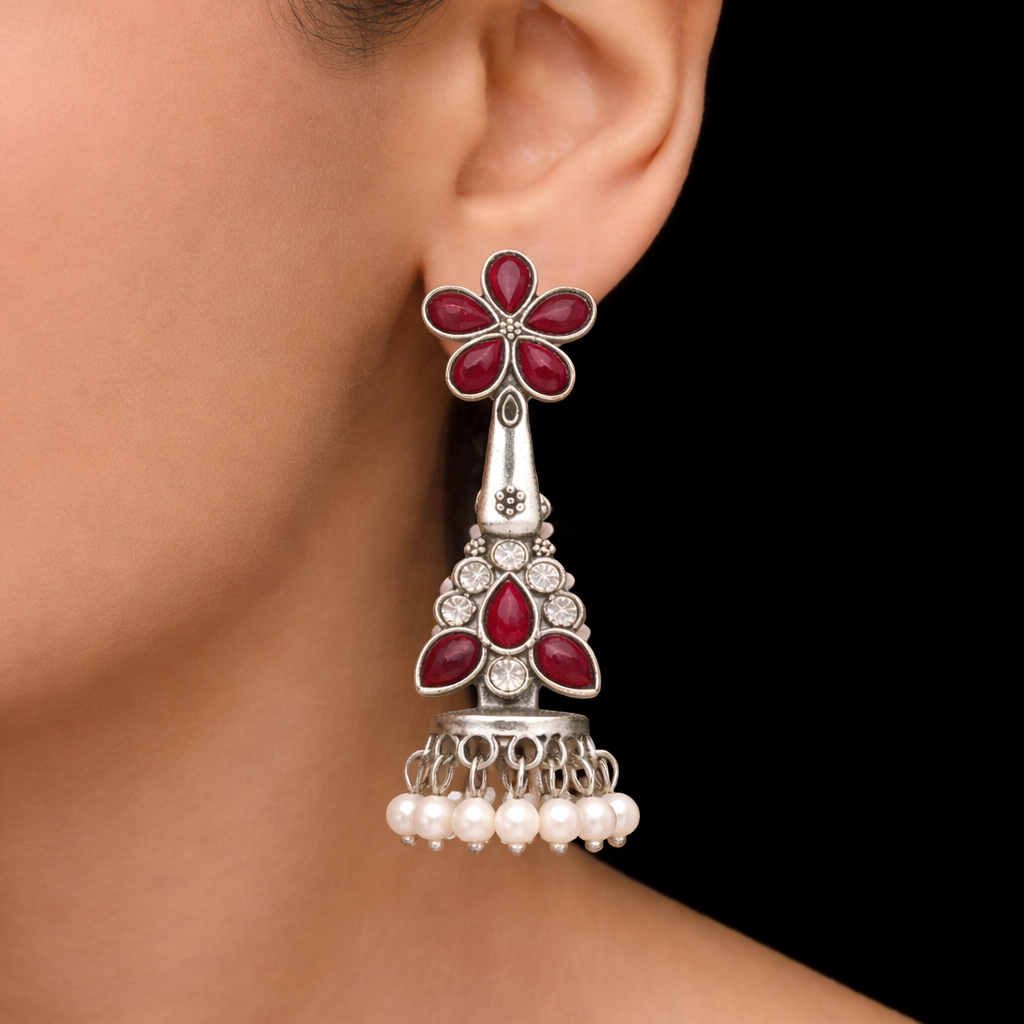 Oxidised Silver Rich Maroon Stone Jhumka Earrings with Pearl Drops