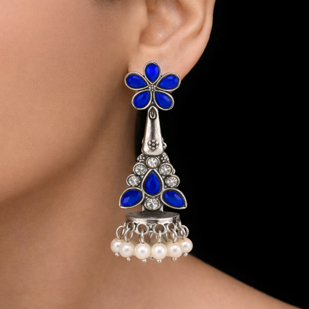 Oxidised Silver Blue Stone Jhumka Earrings with Pearl Drops