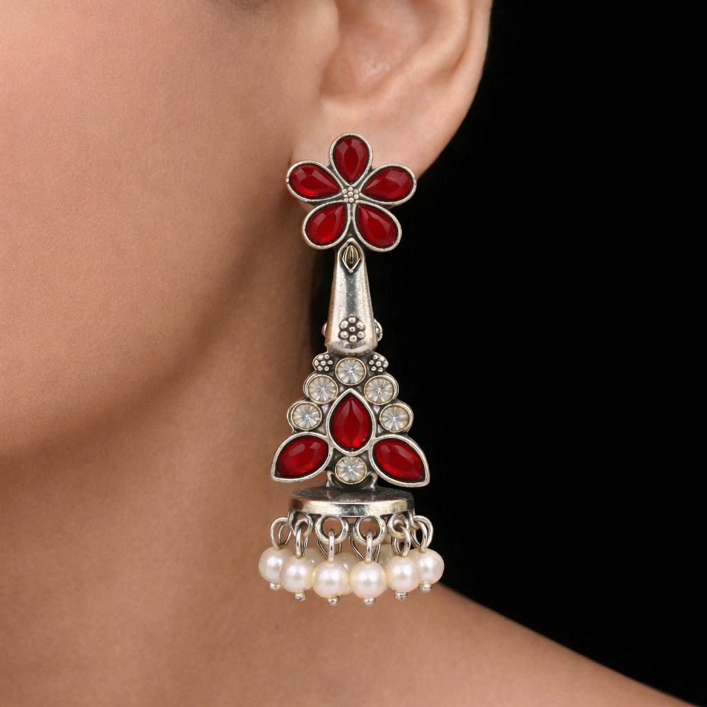 Oxidised Silver Red Stone Floral Jhumka Earrings with Pearl Drops