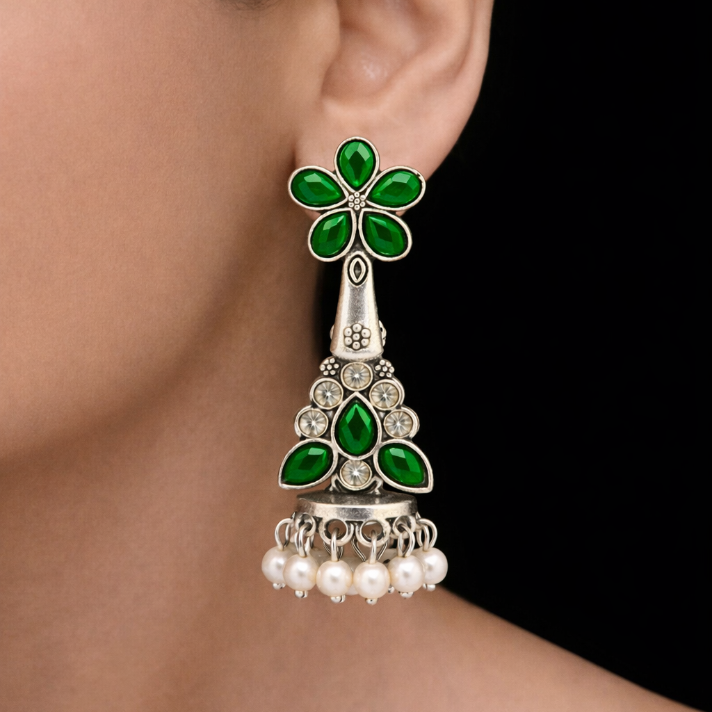 Oxidised Silver Green Stone Jhumka Earrings with Pearl Drops