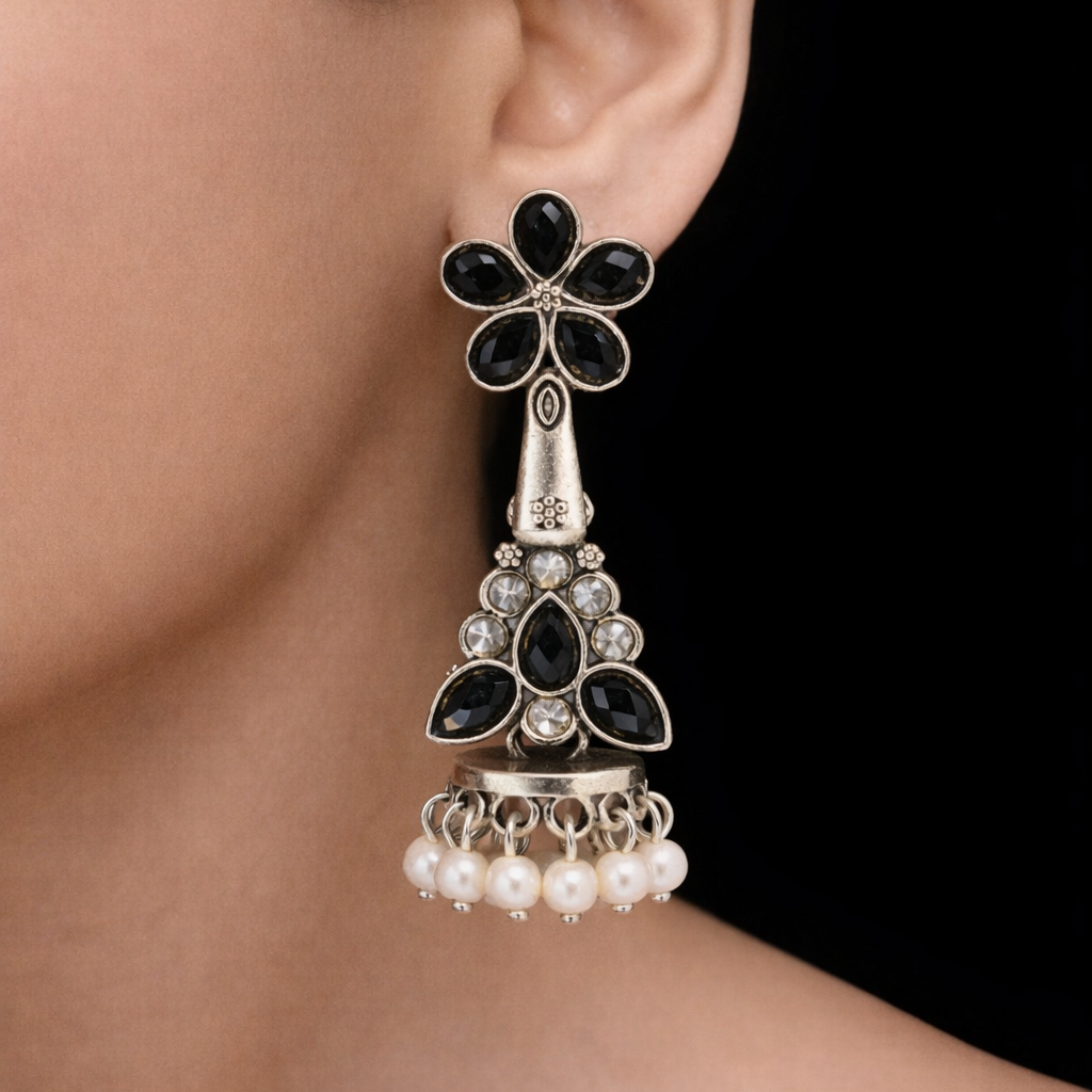 Oxidised Silver Black Stone Jhumka Earrings with Pearl Drops