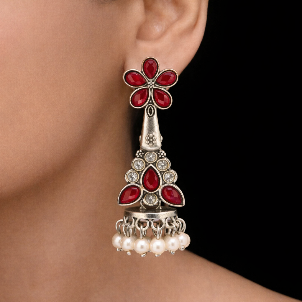 Oxidised Silver Maroon Floral Jhumka Earrings with Pearl Drops
