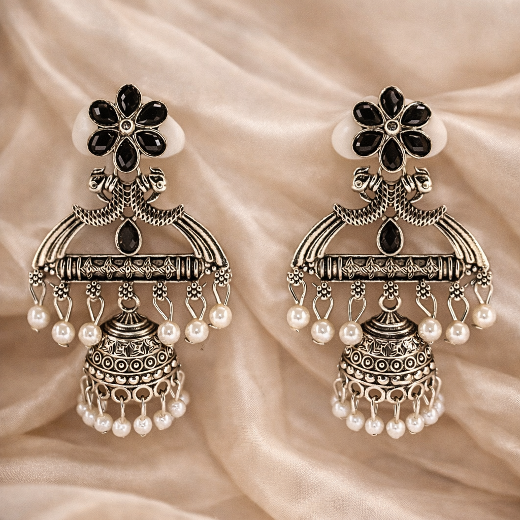 Black Floral Oxidised Silver Jhumka Earrings with Pearl Drops