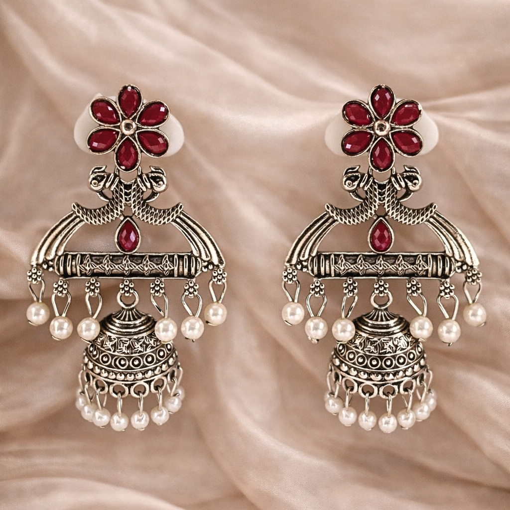 Rich Maroon Floral Oxidised Silver Jhumka Earrings with Pearl Drops