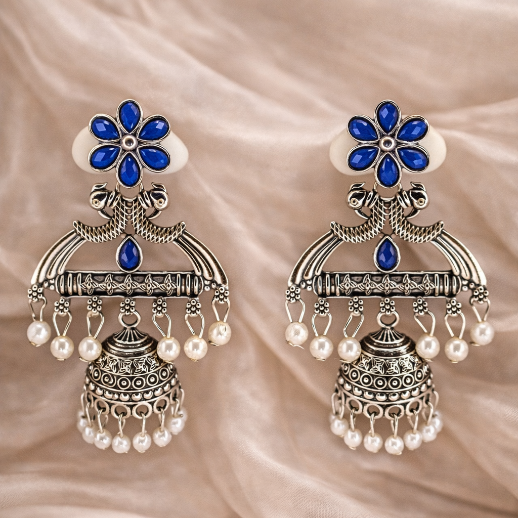 Blue Floral Oxidised Silver Jhumka Earrings with Pearl Drops