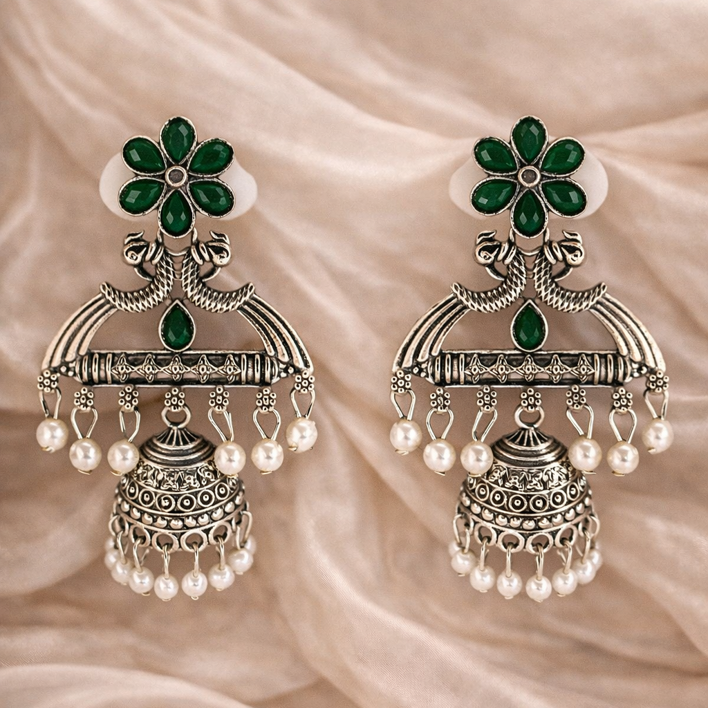 Green Floral Oxidised Silver Jhumka Earrings with Pearls