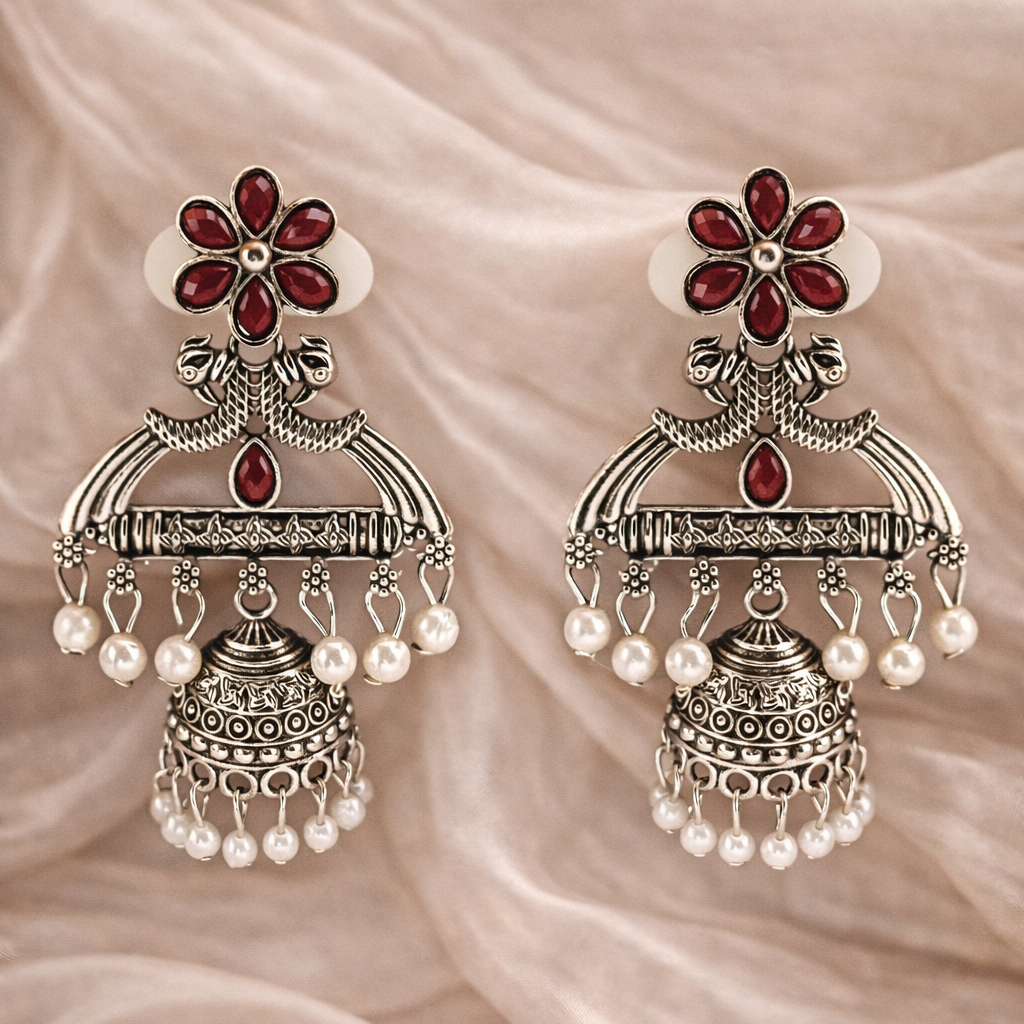 Maroon Floral Oxidised Silver Jhumka Earrings with Pearl Drops