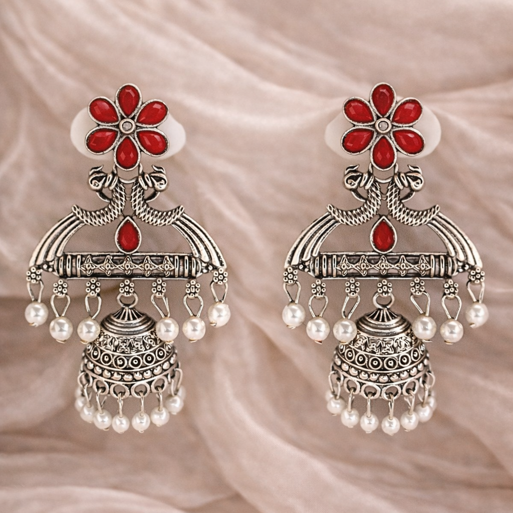 Red Floral Oxidised Silver Jhumka Earrings with Pearl Drops