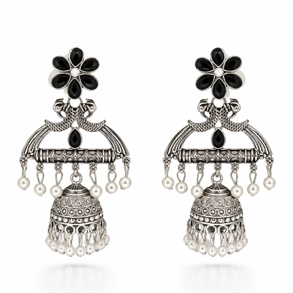 Black Floral Oxidised Silver Jhumka Earrings with Pearl Drops