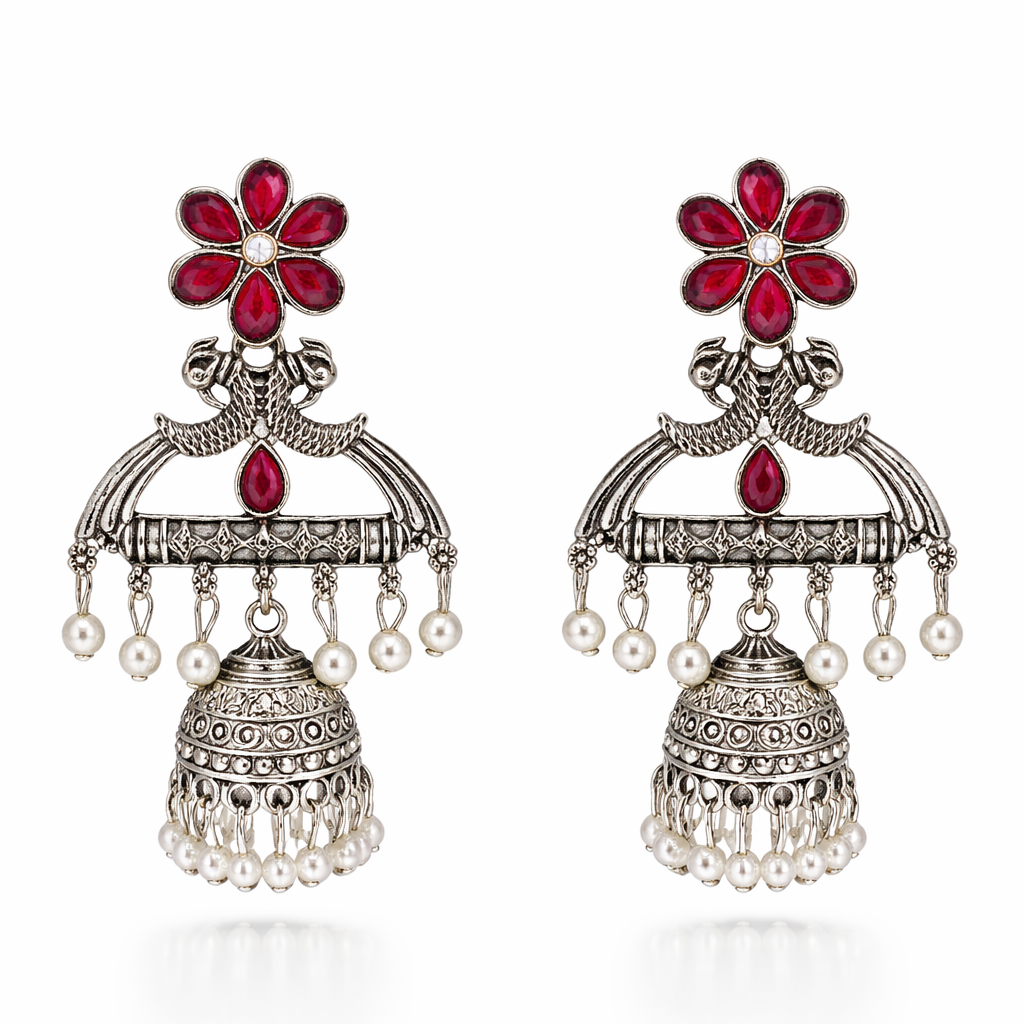Rich Maroon Floral Oxidised Silver Jhumka Earrings with Pearl Drops