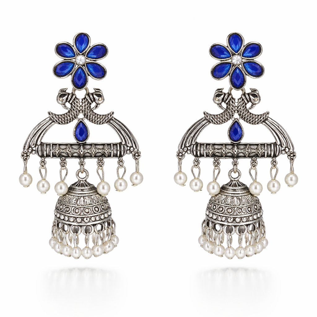 Blue Floral Oxidised Silver Jhumka Earrings with Pearl Drops