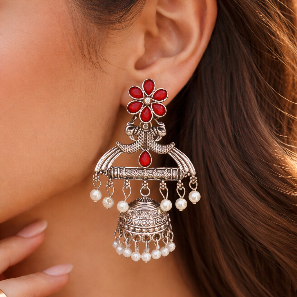 Red Floral Oxidised Silver Jhumka Earrings with Pearl Drops