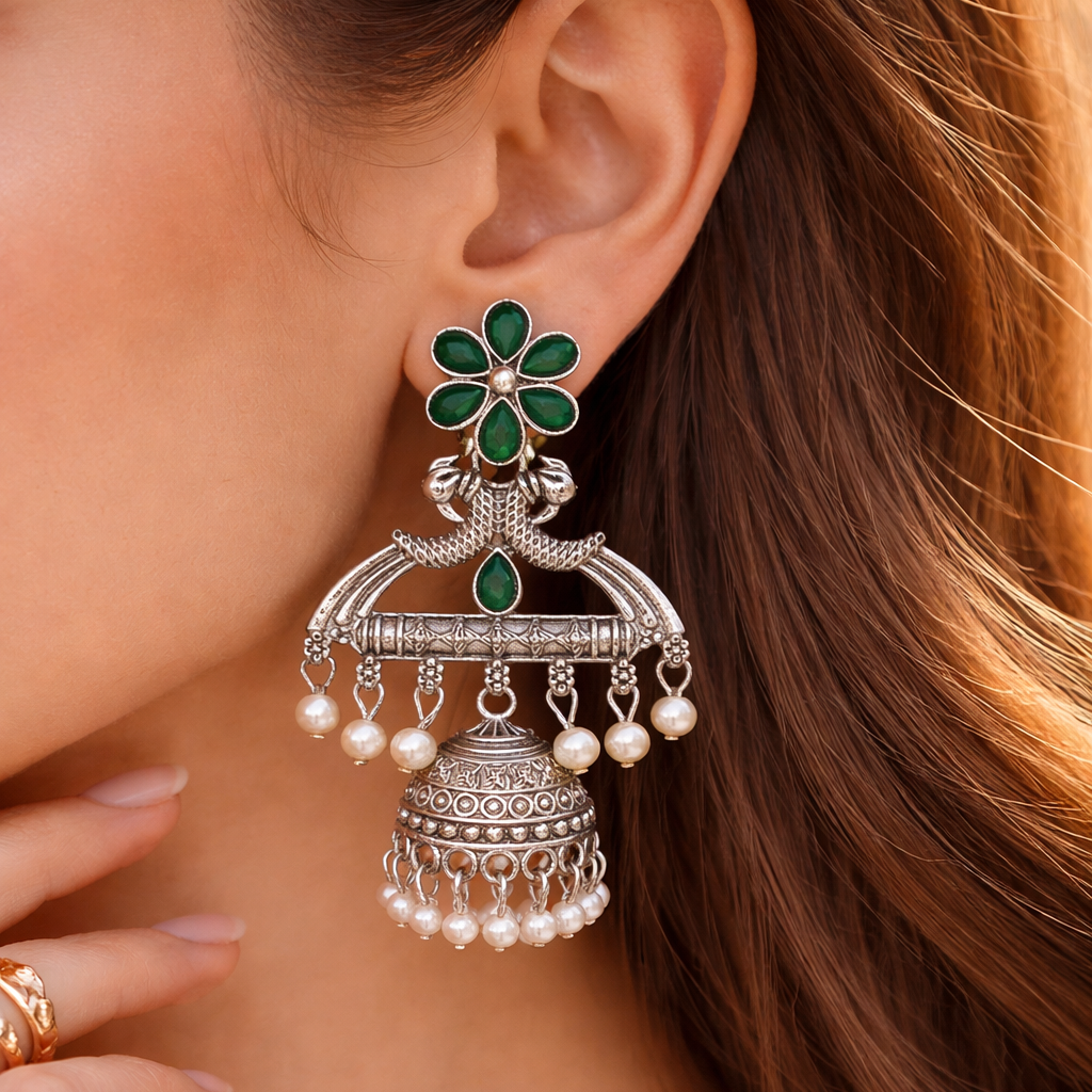 Green Floral Oxidised Silver Jhumka Earrings with Pearls