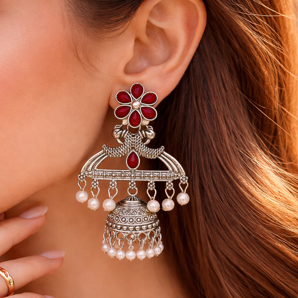 Maroon Floral Oxidised Silver Jhumka Earrings with Pearl Drops