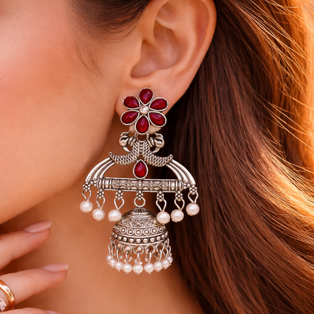 Rich Maroon Floral Oxidised Silver Jhumka Earrings with Pearl Drops
