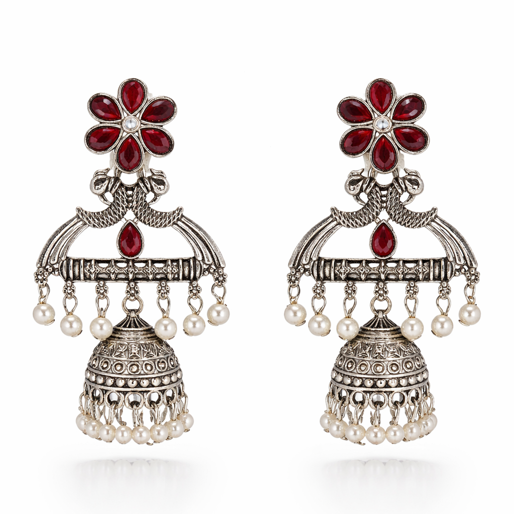 Maroon Floral Oxidised Silver Jhumka Earrings with Pearl Drops