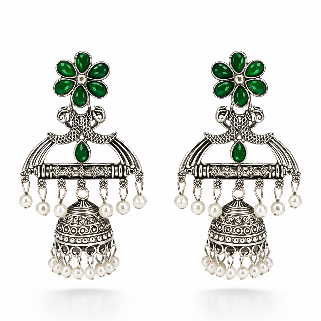 Green Floral Oxidised Silver Jhumka Earrings with Pearls