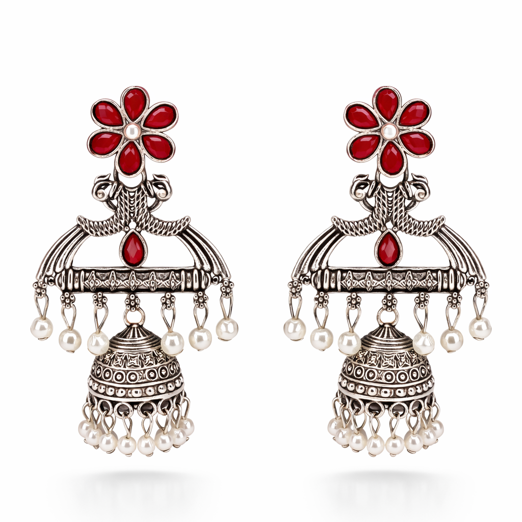 Red Floral Oxidised Silver Jhumka Earrings with Pearl Drops