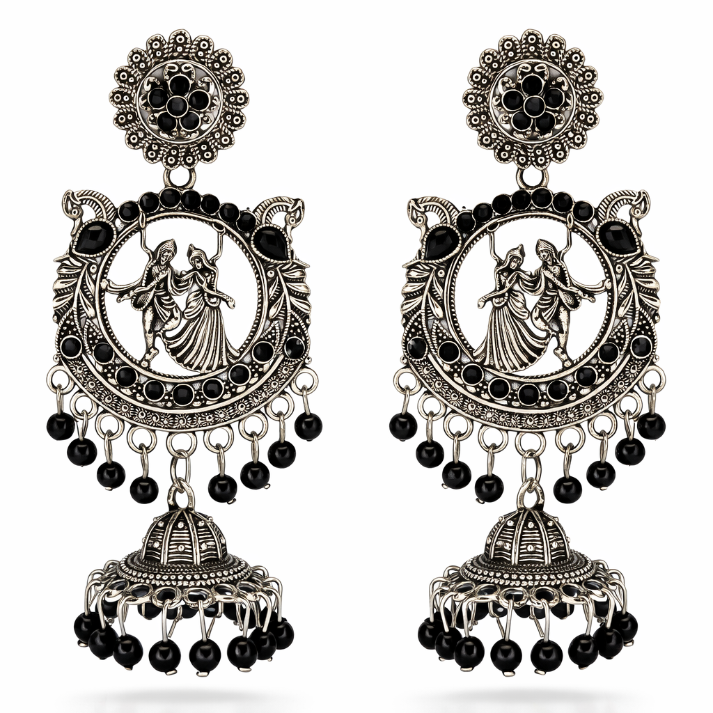Radha Krishna Oxidised Silver Jhumka Earrings with Black Beads