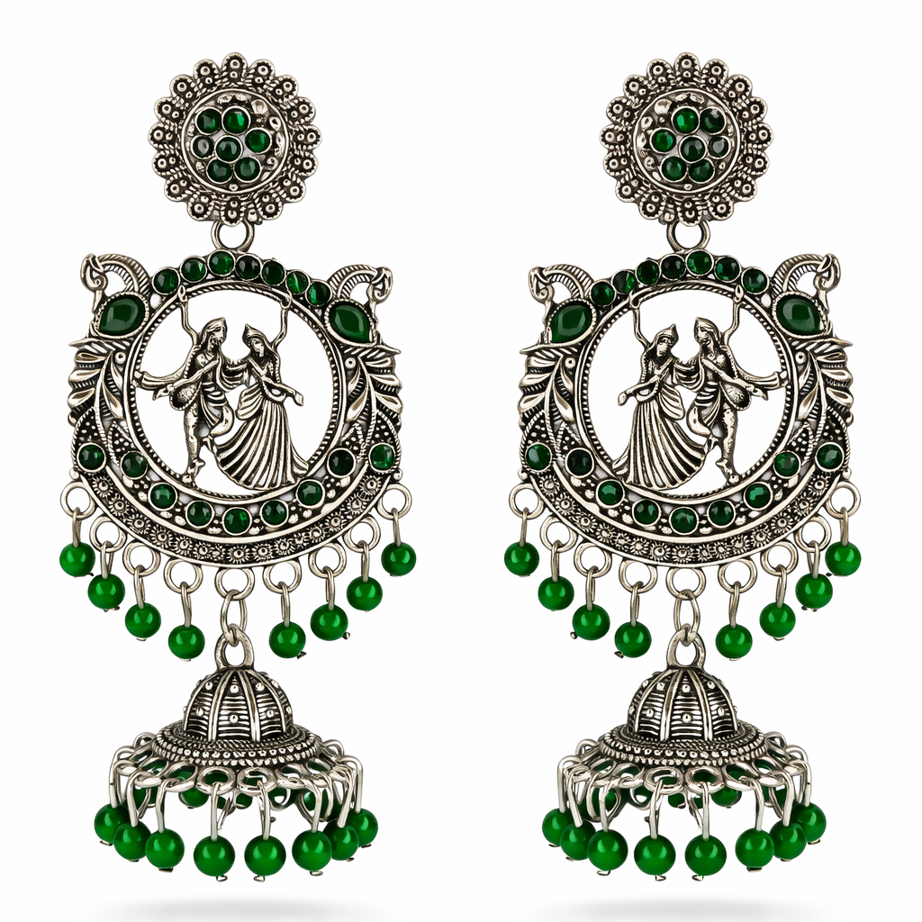 Radha Krishna Oxidised Silver Jhumka Earrings with Emerald Green Beads