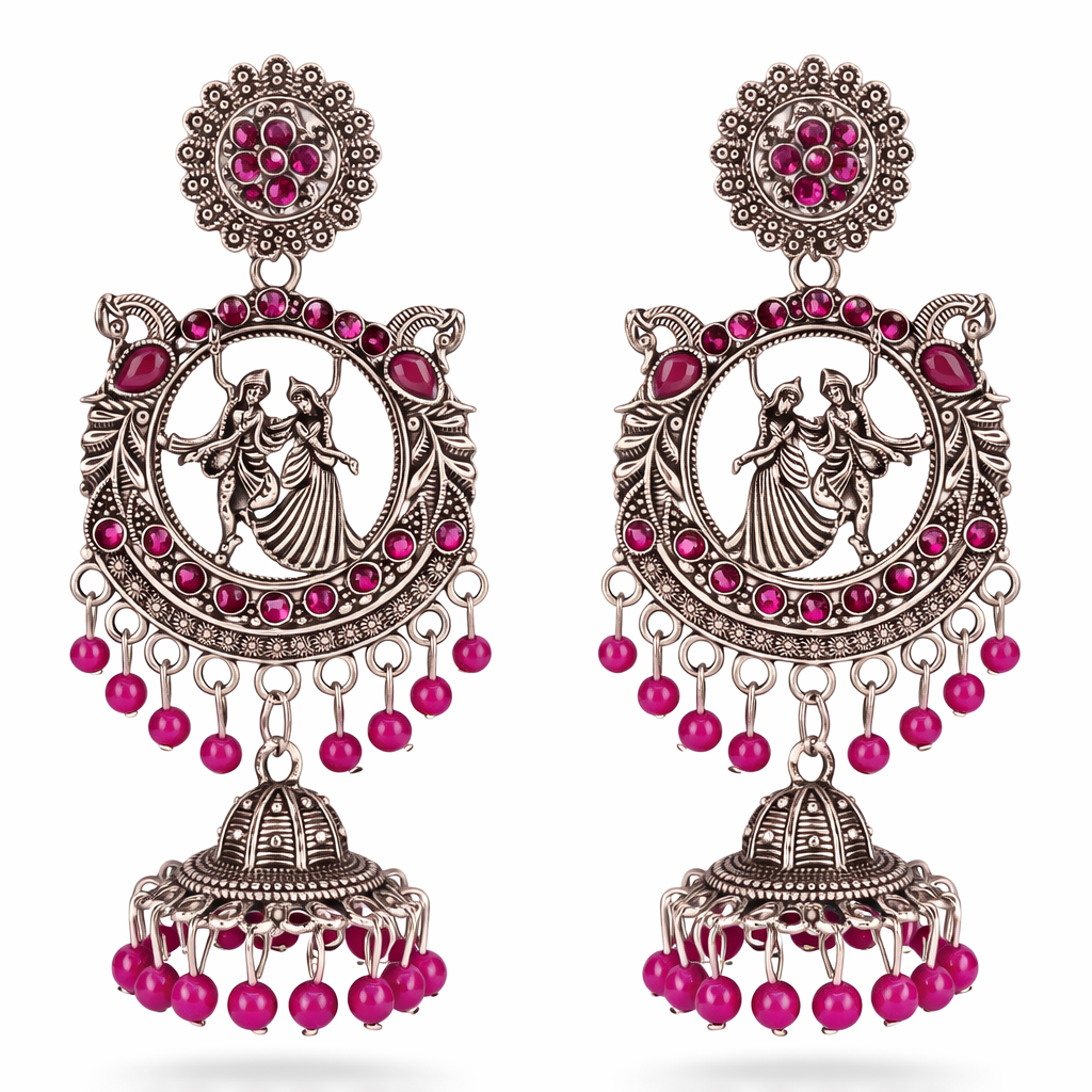 Radha Krishna Oxidised Silver Jhumka Earrings with Pink Beads