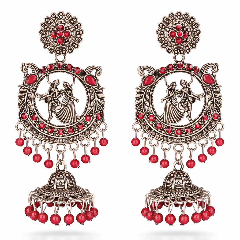Radha Krishna Oxidised Silver Jhumka Earrings with Red Beads