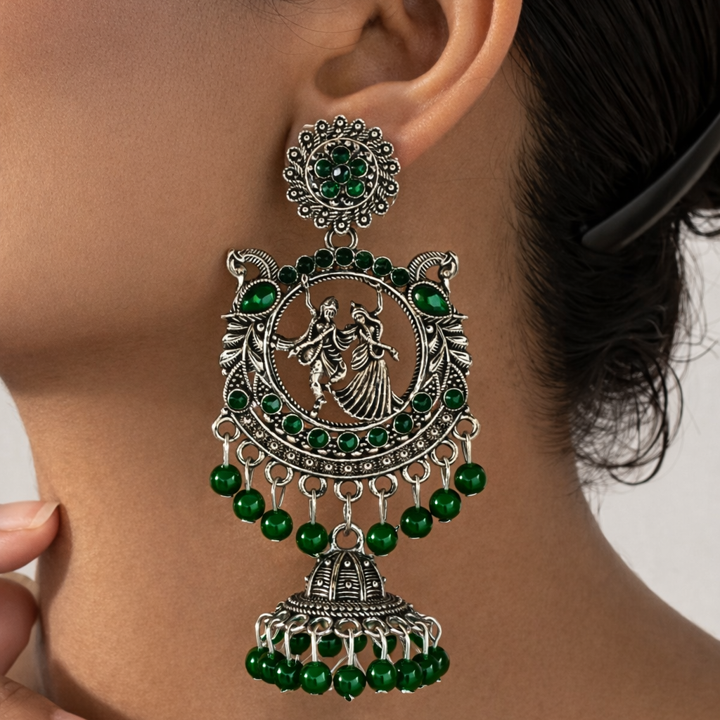 Radha Krishna Oxidised Silver Jhumka Earrings with Emerald Green Beads