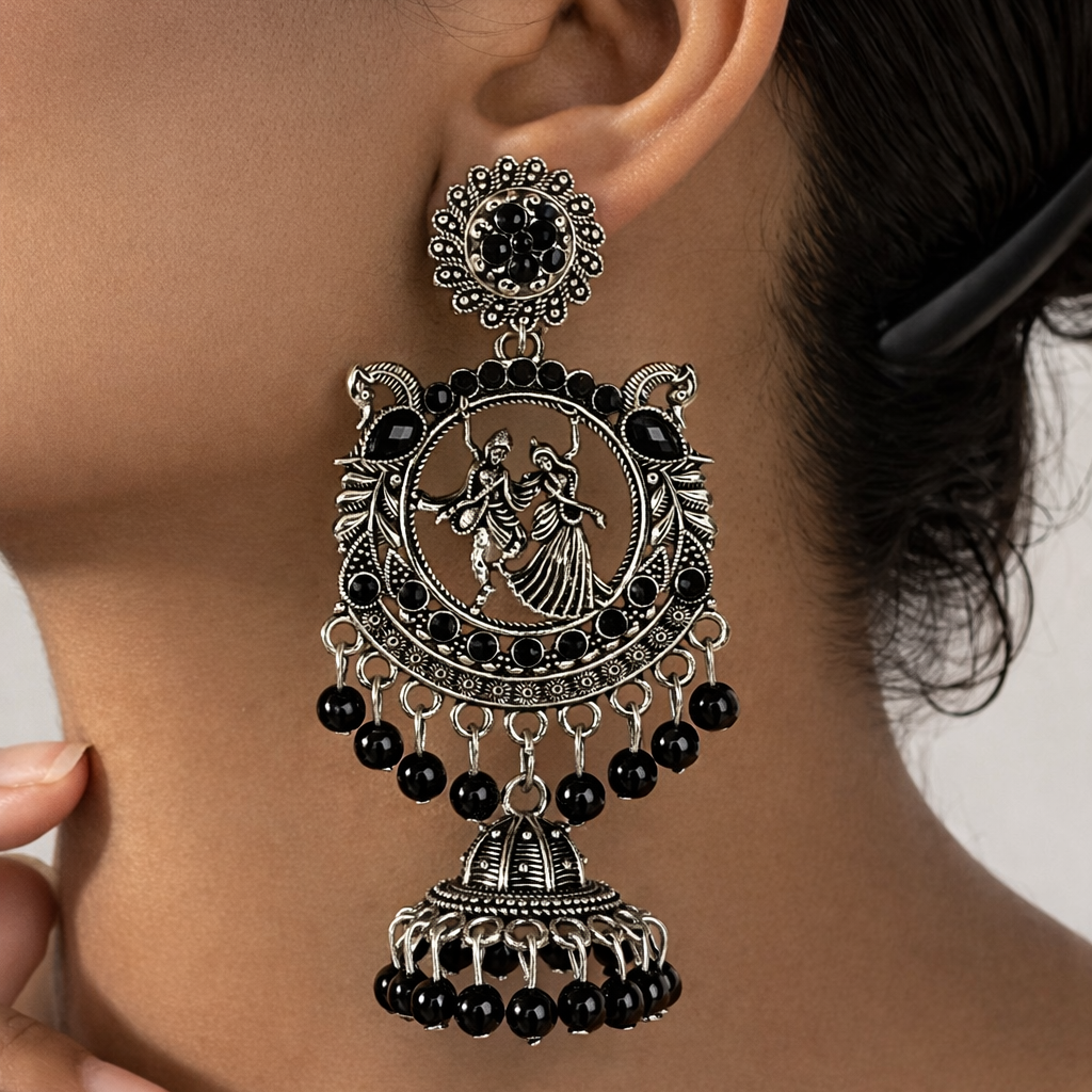 Radha Krishna Oxidised Silver Jhumka Earrings with Black Beads