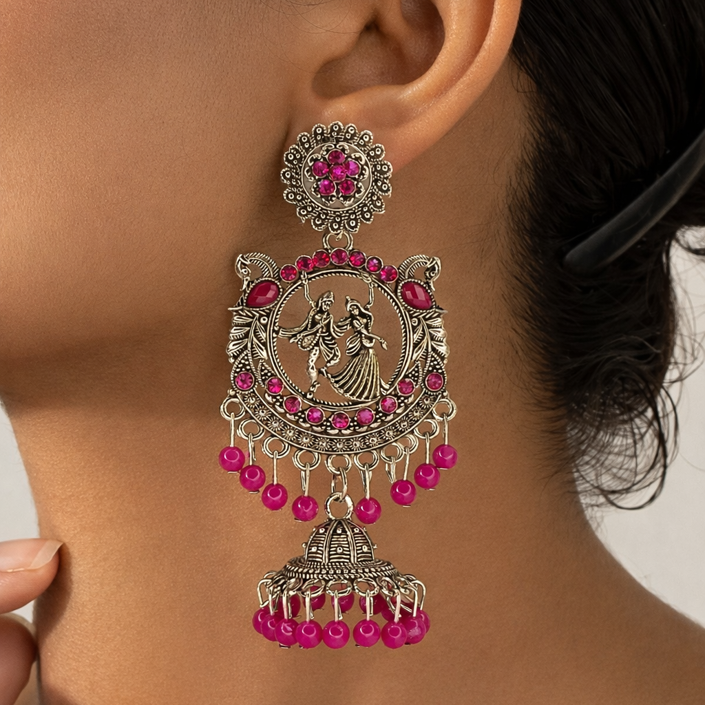 Radha Krishna Oxidised Silver Jhumka Earrings with Pink Beads