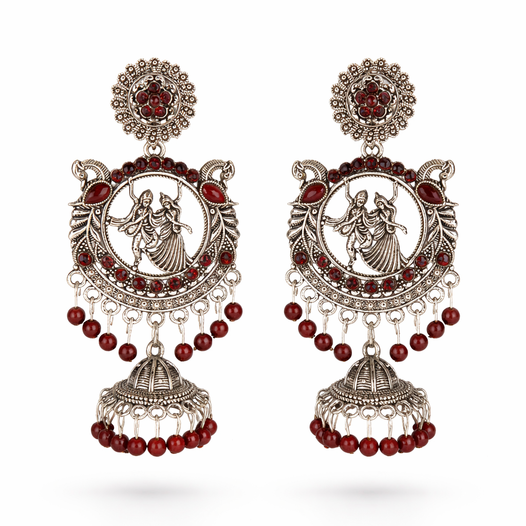 Radha Krishna Oxidised Silver Jhumka Earrings with Rich Maroon Beads