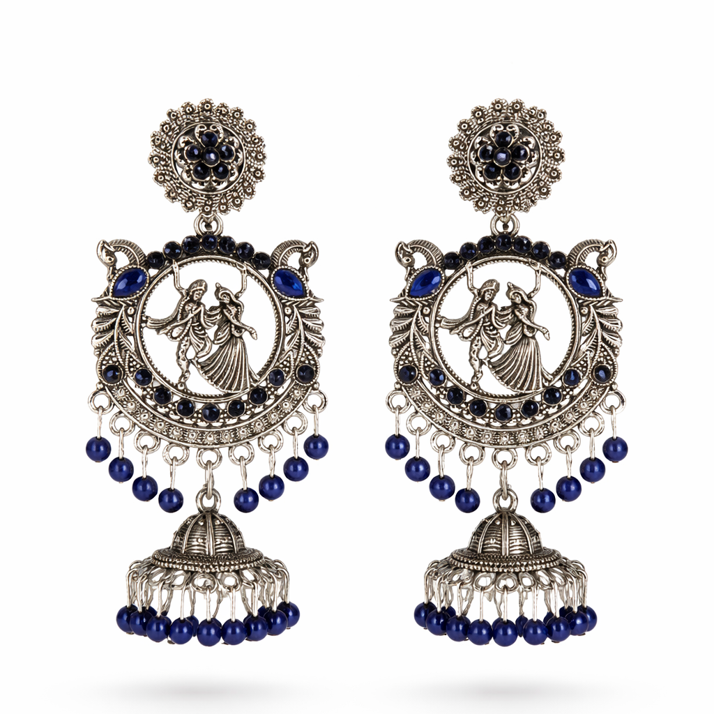 Radha Krishna Oxidised Silver Jhumka Earrings with Royal Blue Beads