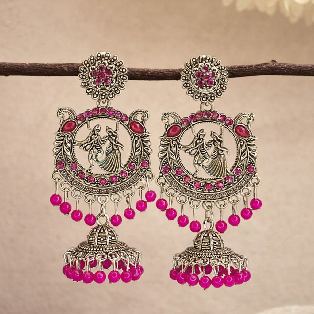 Radha Krishna Oxidised Silver Jhumka Earrings with Pink Beads