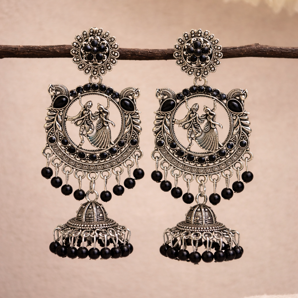 Radha Krishna Oxidised Silver Jhumka Earrings with Black Beads