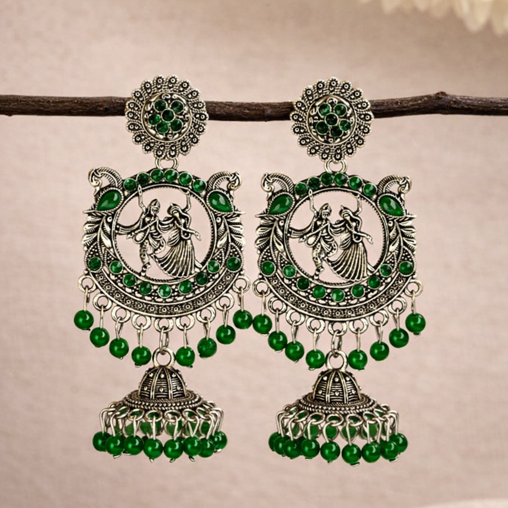 Radha Krishna Oxidised Silver Jhumka Earrings with Emerald Green Beads