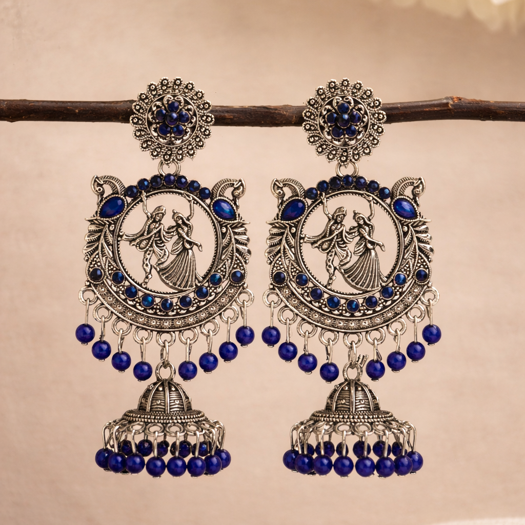 Radha Krishna Oxidised Silver Jhumka Earrings with Royal Blue Beads