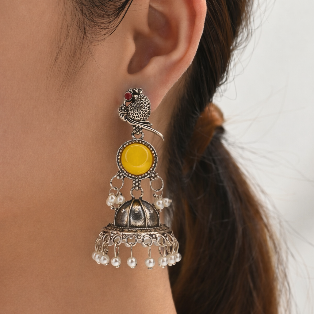 Oxidised Silver Bird Motif Yellow Stone Jhumka Earrings with Pearl Drops