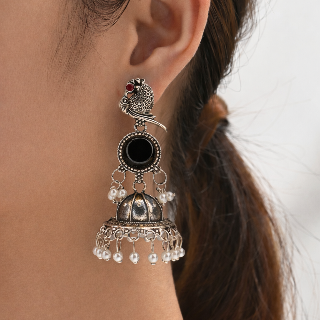 Oxidised Silver Bird Motif Black Stone Jhumka Earrings with Pearl Drops