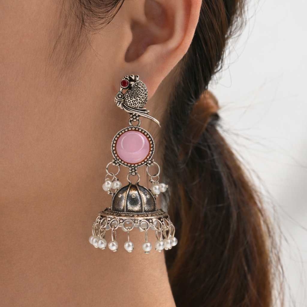Oxidised Silver Bird Motif Pink Stone Jhumka Earrings with Pearl Drops