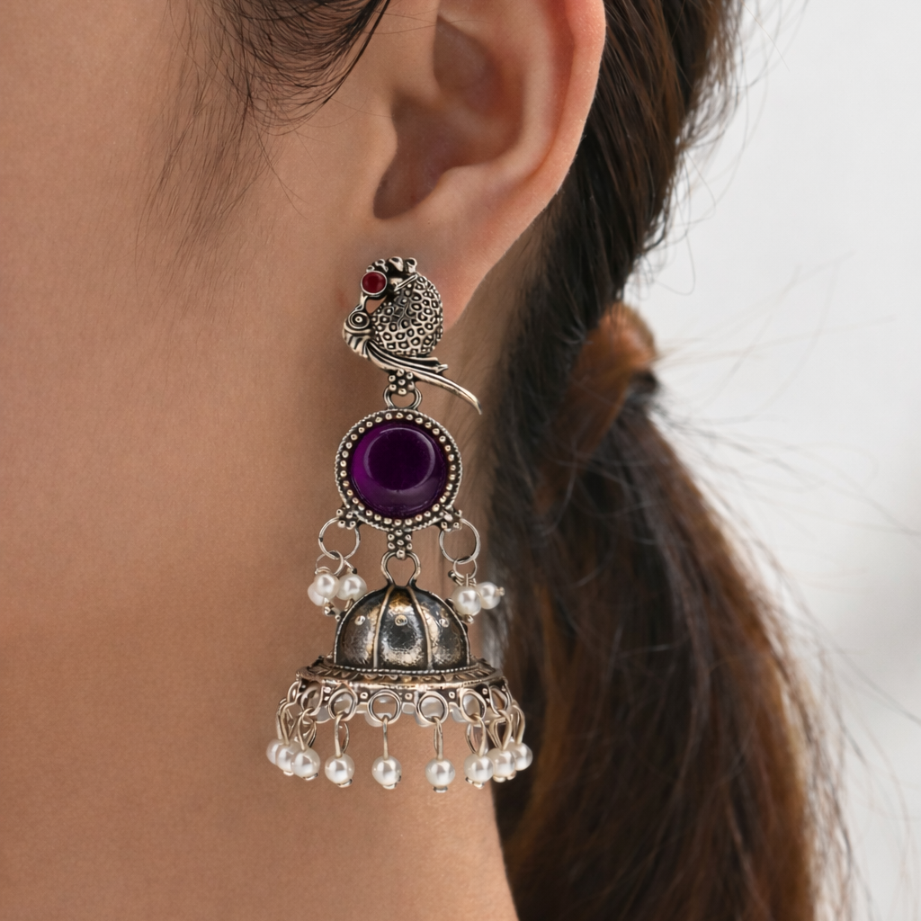 Oxidised Silver Bird Motif Wine Stone Jhumka Earrings with Pearl Drops