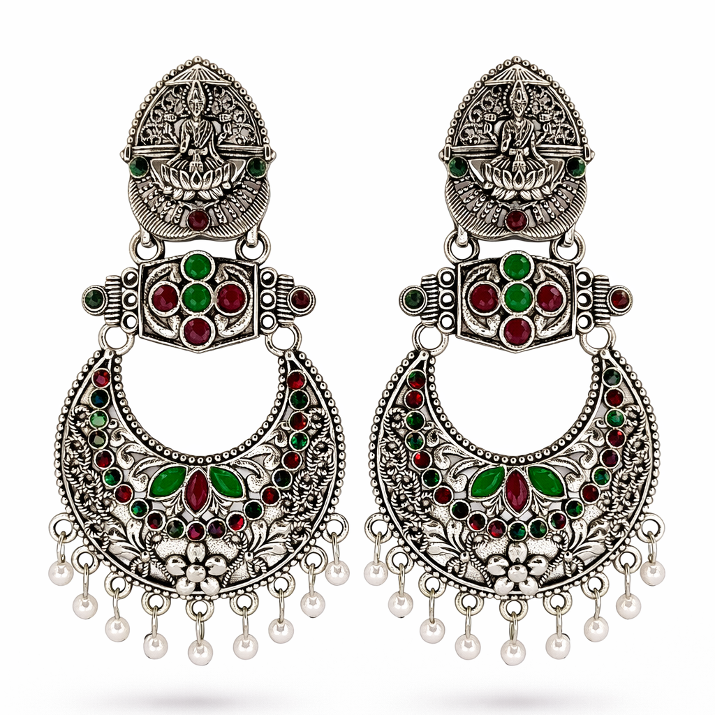 Oxidised Silver Lakshmi Temple Chandbali Earrings with Red & Green Stones and Pearl Drops