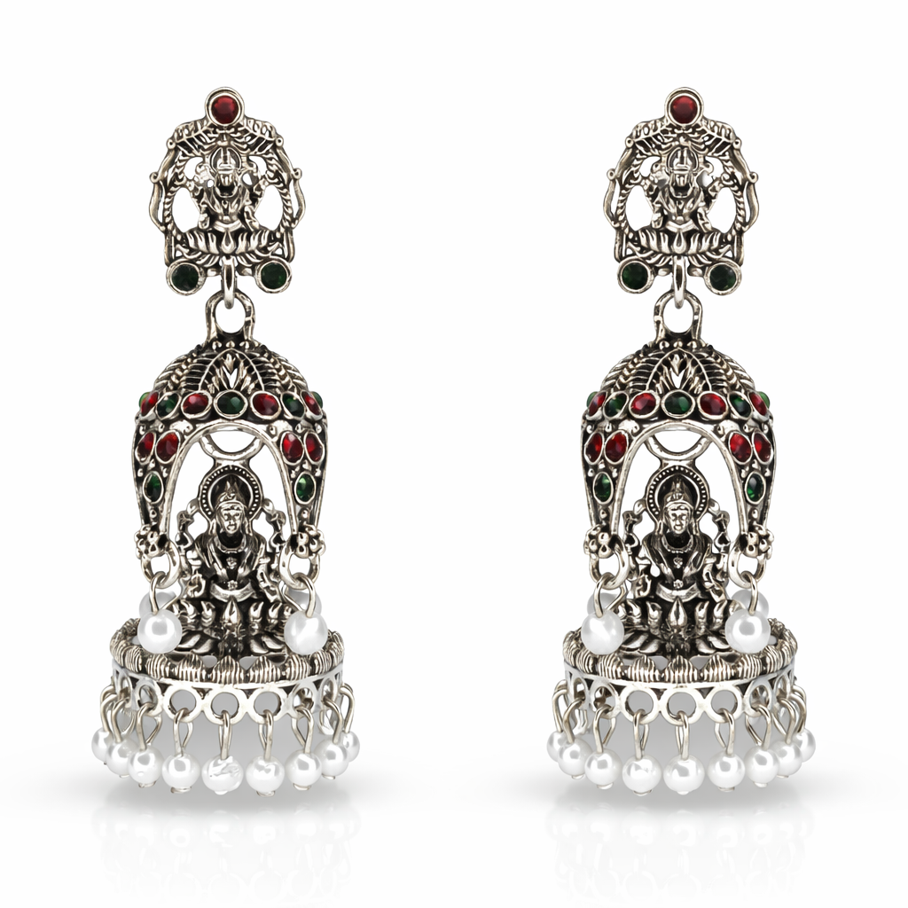 Oxidised Silver Lakshmi Temple Jhumka Earrings with Red & Green Stones and Pearl Drops