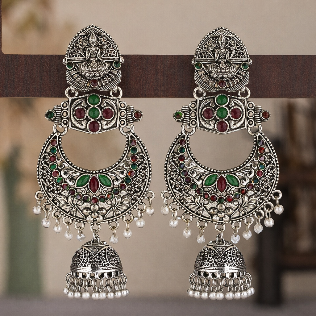 Oxidised Silver Lakshmi Temple Chandbali Earrings with Red & Green Stones and Pearl Drops