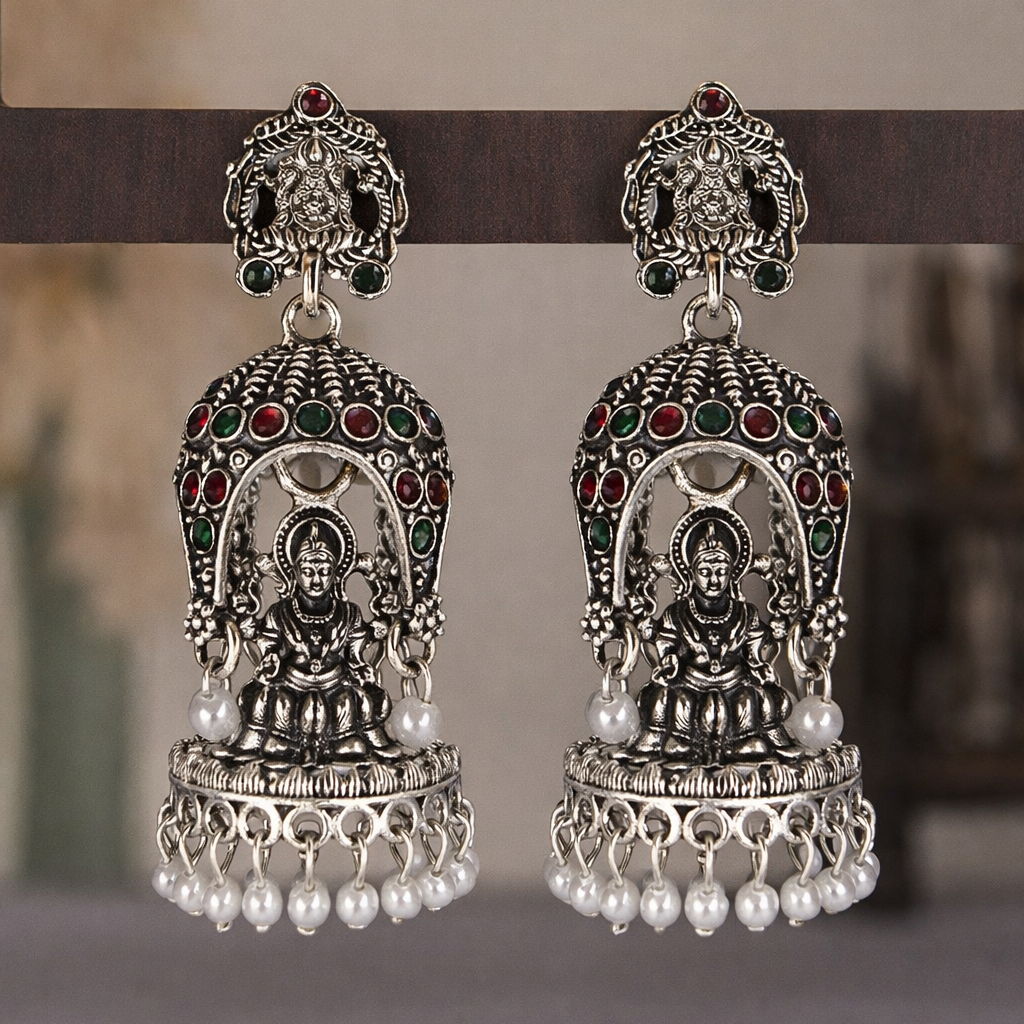 Oxidised Silver Lakshmi Temple Jhumka Earrings with Red & Green Stones and Pearl Drops