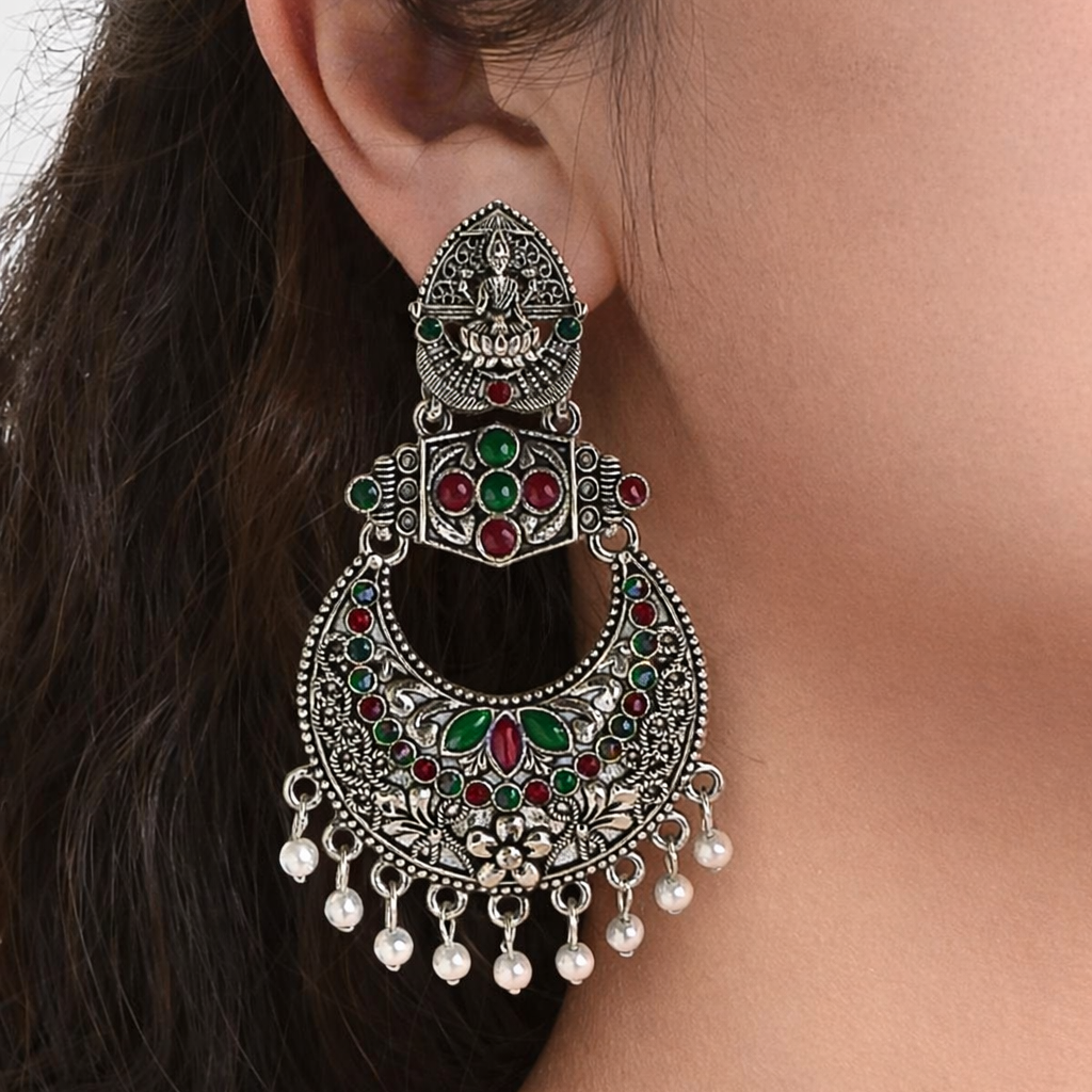 Oxidised Silver Lakshmi Temple Chandbali Earrings with Red & Green Stones and Pearl Drops