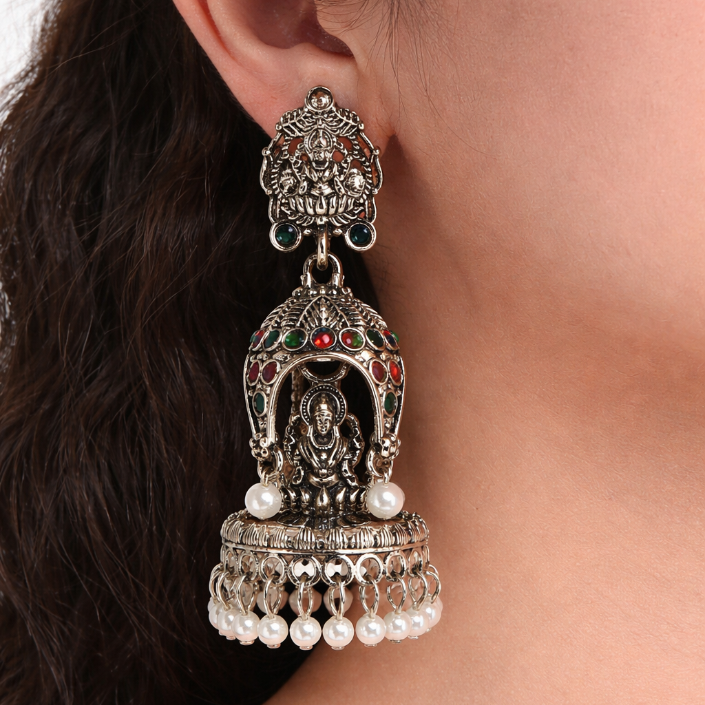 Oxidised Silver Lakshmi Temple Jhumka Earrings with Red & Green Stones and Pearl Drops