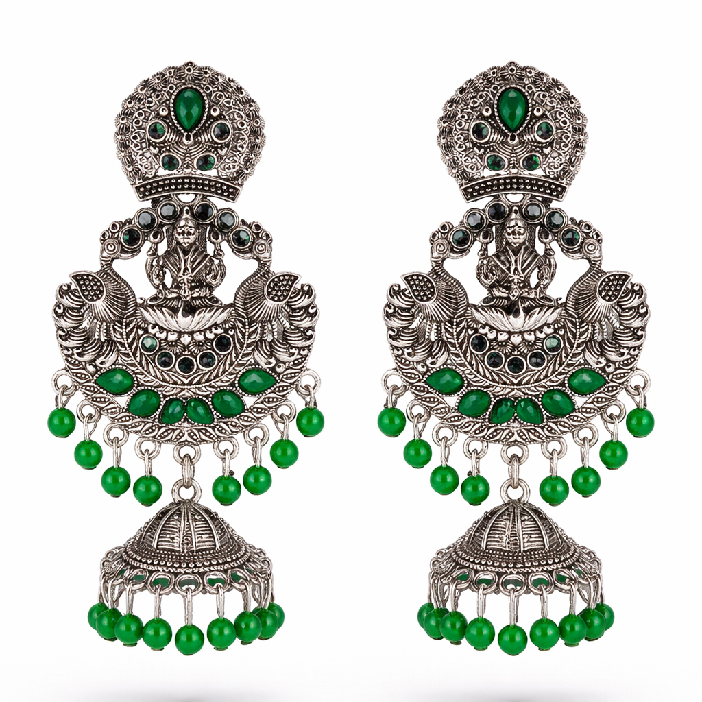 Antique Finish Lakshmi Temple Jhumka Earrings with Green Stones & Bead Drops
