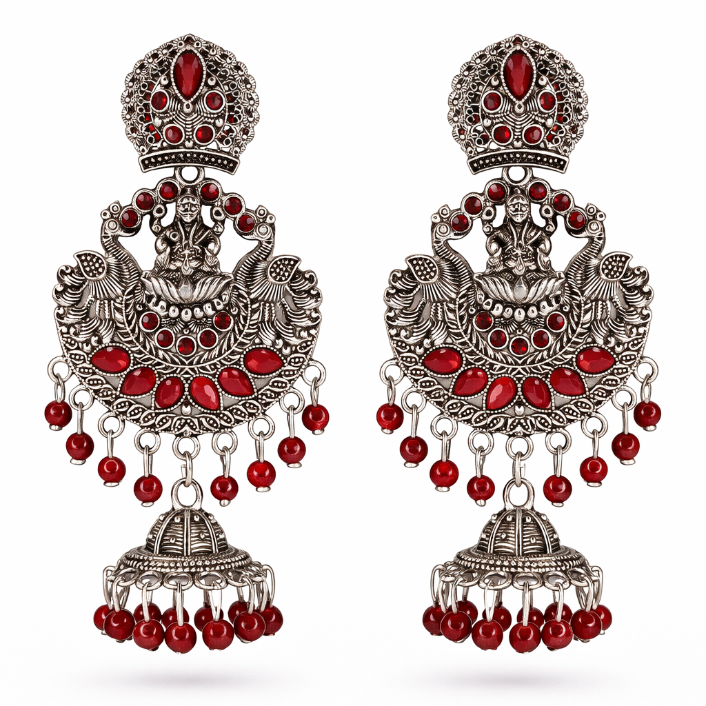 Antique Finish Lakshmi Temple Jhumka Earrings with Maroon Stones & Bead Drops
