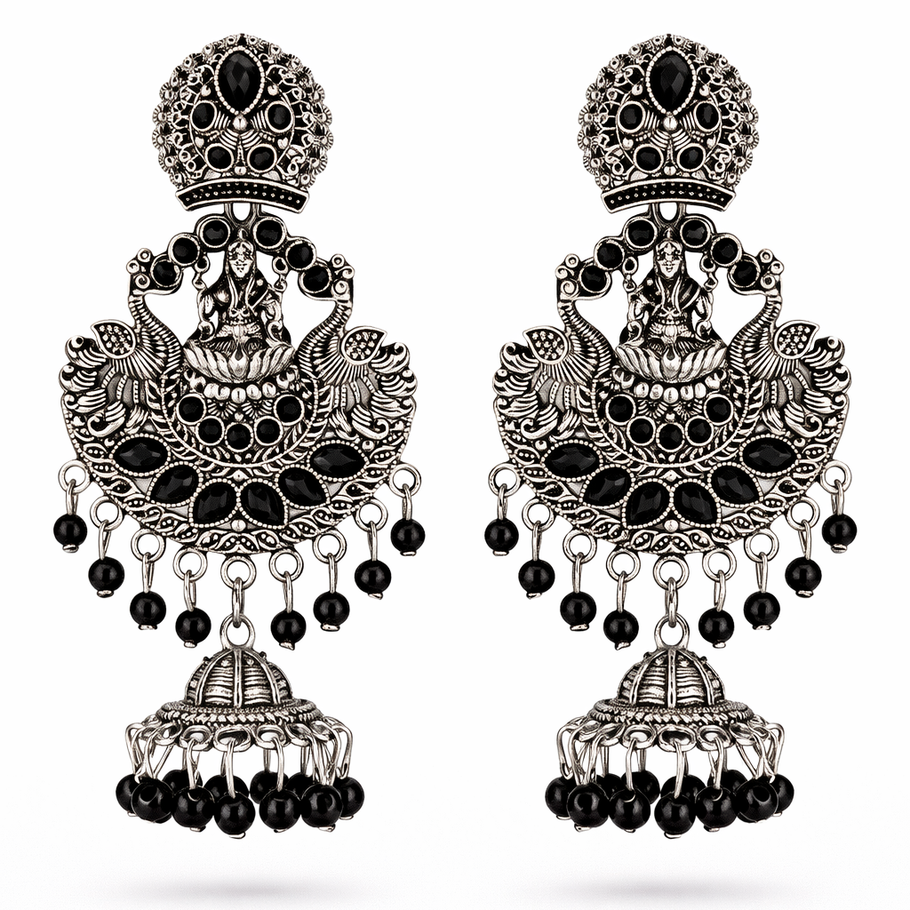 Antique Finish Lakshmi Temple Jhumka Earrings with Black Stones & Bead Drops