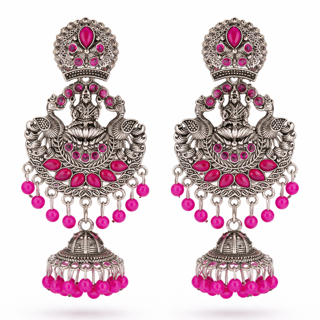 Antique Finish Lakshmi Temple Jhumka Earrings with Hot Pink Stones & Bead Drops