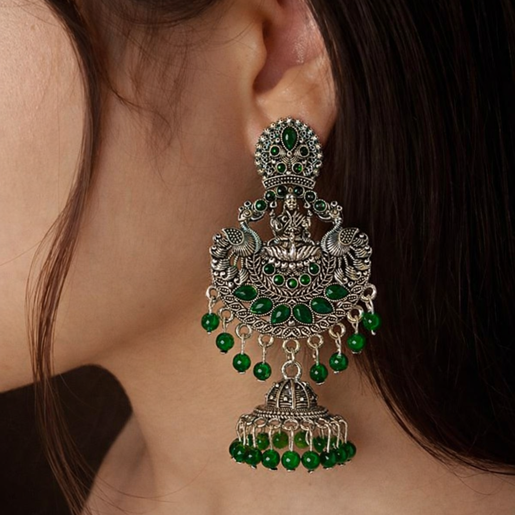 Antique Finish Lakshmi Temple Jhumka Earrings with Green Stones & Bead Drops